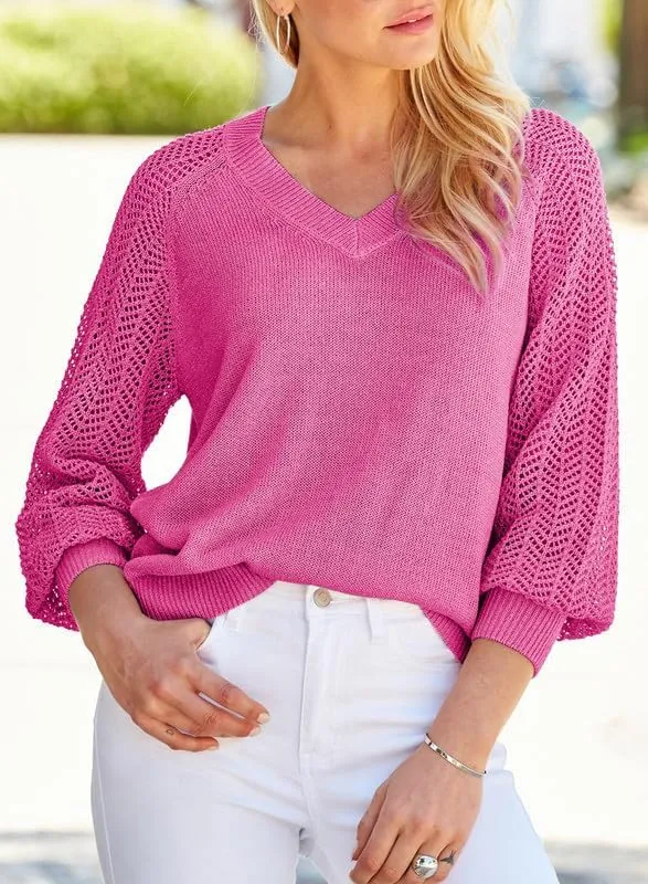 Dokotoo Women's Casual V-Neck Long Sleeve Sweaters Solid Color Pullover Knit Sweater Jumper Tops
