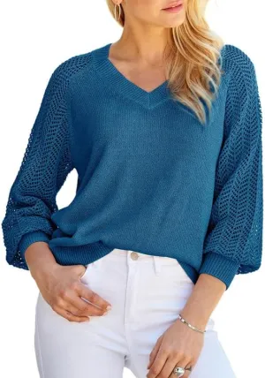 Dokotoo Women's Casual V-Neck Long Sleeve Sweaters Solid Color Pullover Knit Sweater Jumper Tops