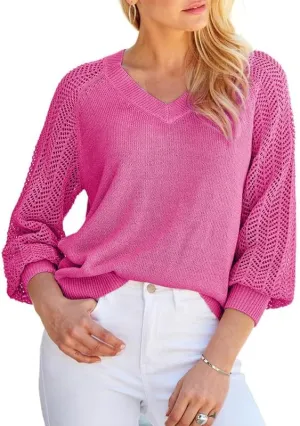 Dokotoo Women's Casual V-Neck Long Sleeve Sweaters Solid Color Pullover Knit Sweater Jumper Tops