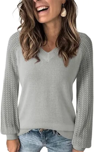 Dokotoo Women's Casual V-Neck Long Sleeve Sweaters Solid Color Pullover Knit Sweater Jumper Tops