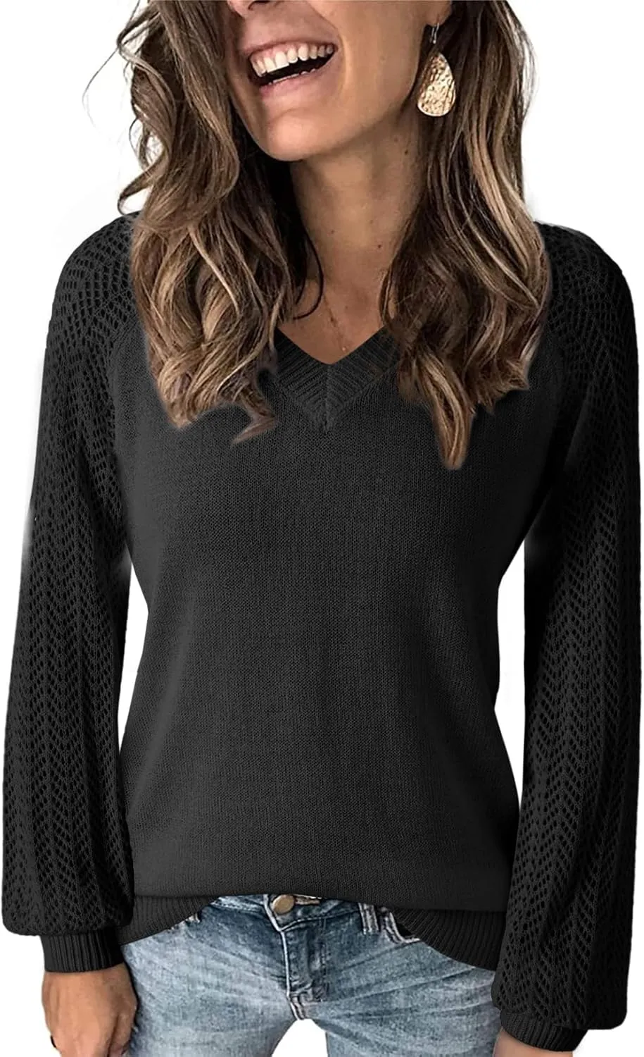 Dokotoo Women's Casual V-Neck Long Sleeve Sweaters Solid Color Pullover Knit Sweater Jumper Tops