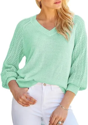Dokotoo Women's Casual V-Neck Long Sleeve Sweaters Solid Color Pullover Knit Sweater Jumper Tops