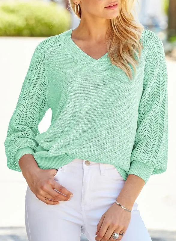Dokotoo Women's Casual V-Neck Long Sleeve Sweaters Solid Color Pullover Knit Sweater Jumper Tops