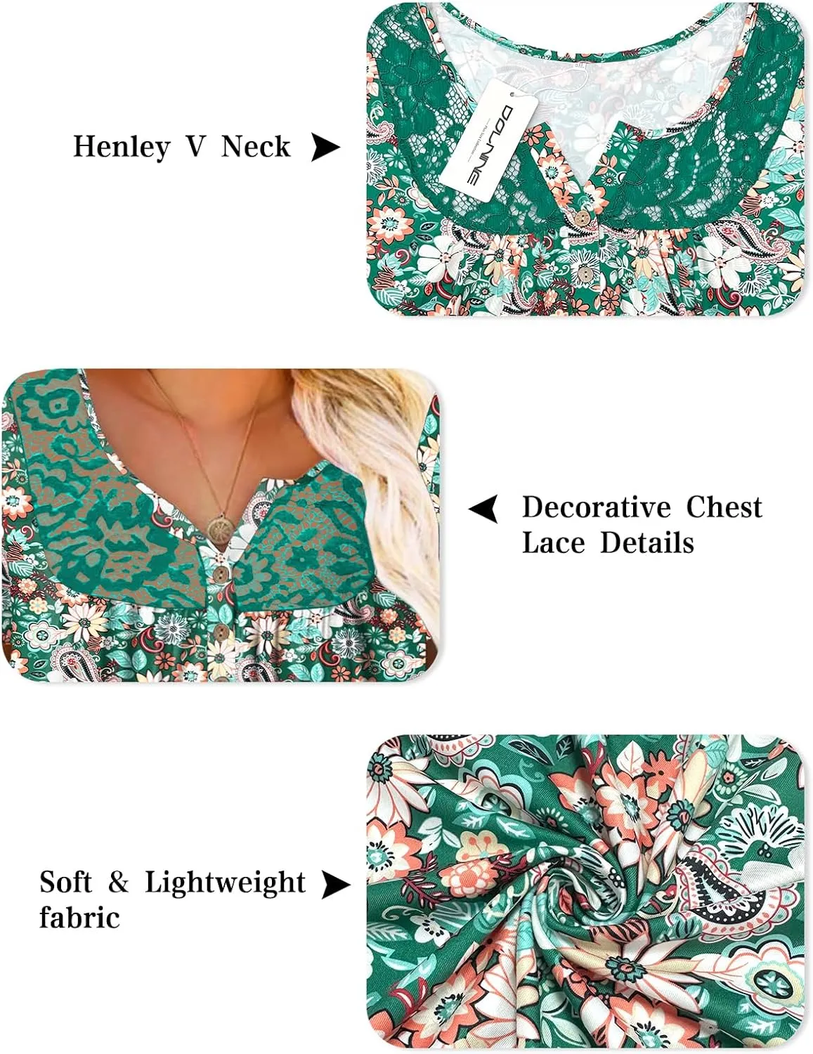 DOLNINE Womens Plus Size Tops Short Sleeve Henley Shirts Lace Pleated Buttons Up V Neck Tunic Blouses