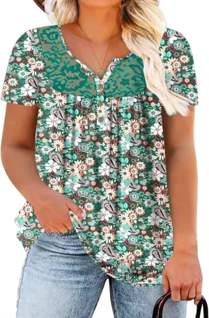DOLNINE Womens Plus Size Tops Short Sleeve Henley Shirts Lace Pleated Buttons Up V Neck Tunic Blouses