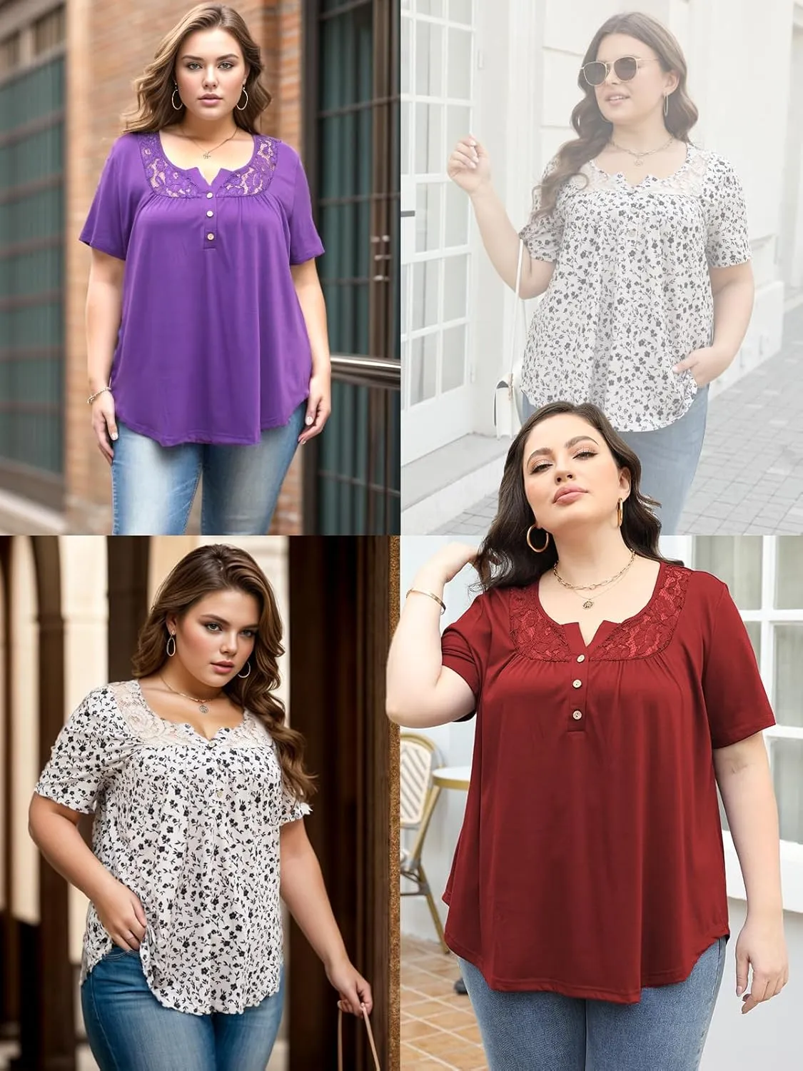 DOLNINE Womens Plus Size Tops Short Sleeve Henley Shirts Lace Pleated Buttons Up V Neck Tunic Blouses
