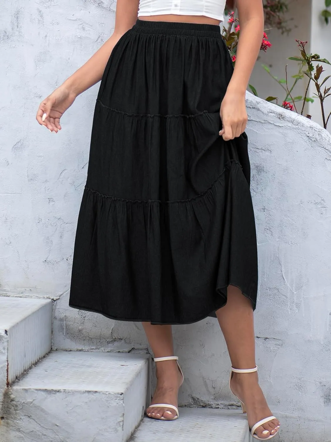 DREFBUFY Women's Mae Pleated Flowy Cxi Skirt Denim Tiered Elastic Waist Rufflasual Long Skirts with Pockets for Summer