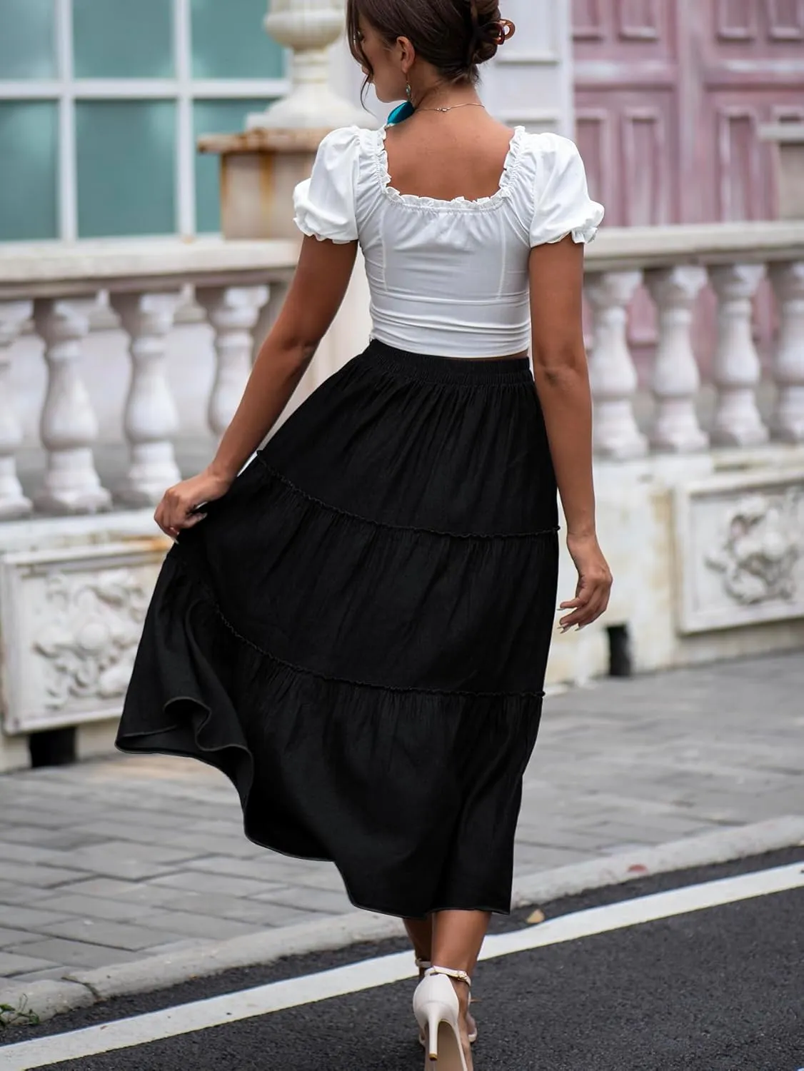 DREFBUFY Women's Mae Pleated Flowy Cxi Skirt Denim Tiered Elastic Waist Rufflasual Long Skirts with Pockets for Summer