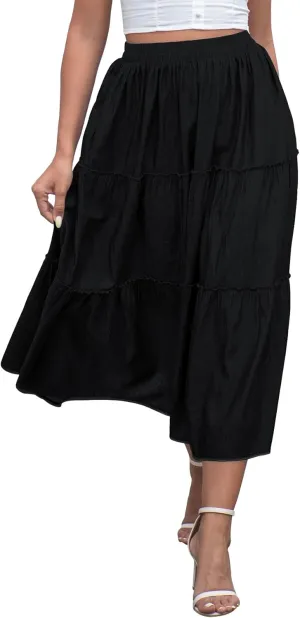 DREFBUFY Women's Mae Pleated Flowy Cxi Skirt Denim Tiered Elastic Waist Rufflasual Long Skirts with Pockets for Summer