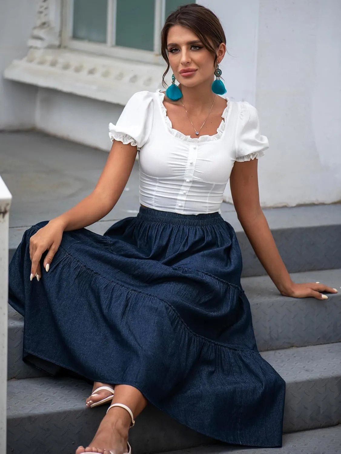 DREFBUFY Women's Mae Pleated Flowy Cxi Skirt Denim Tiered Elastic Waist Rufflasual Long Skirts with Pockets for Summer