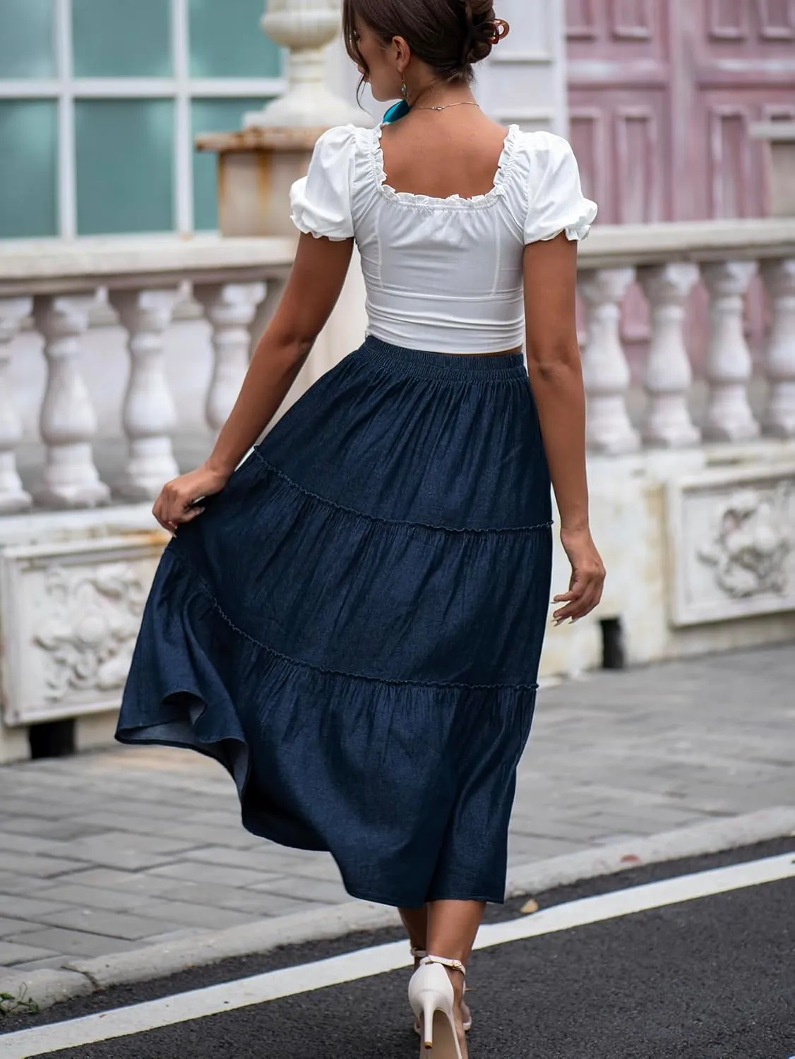 DREFBUFY Women's Mae Pleated Flowy Cxi Skirt Denim Tiered Elastic Waist Rufflasual Long Skirts with Pockets for Summer