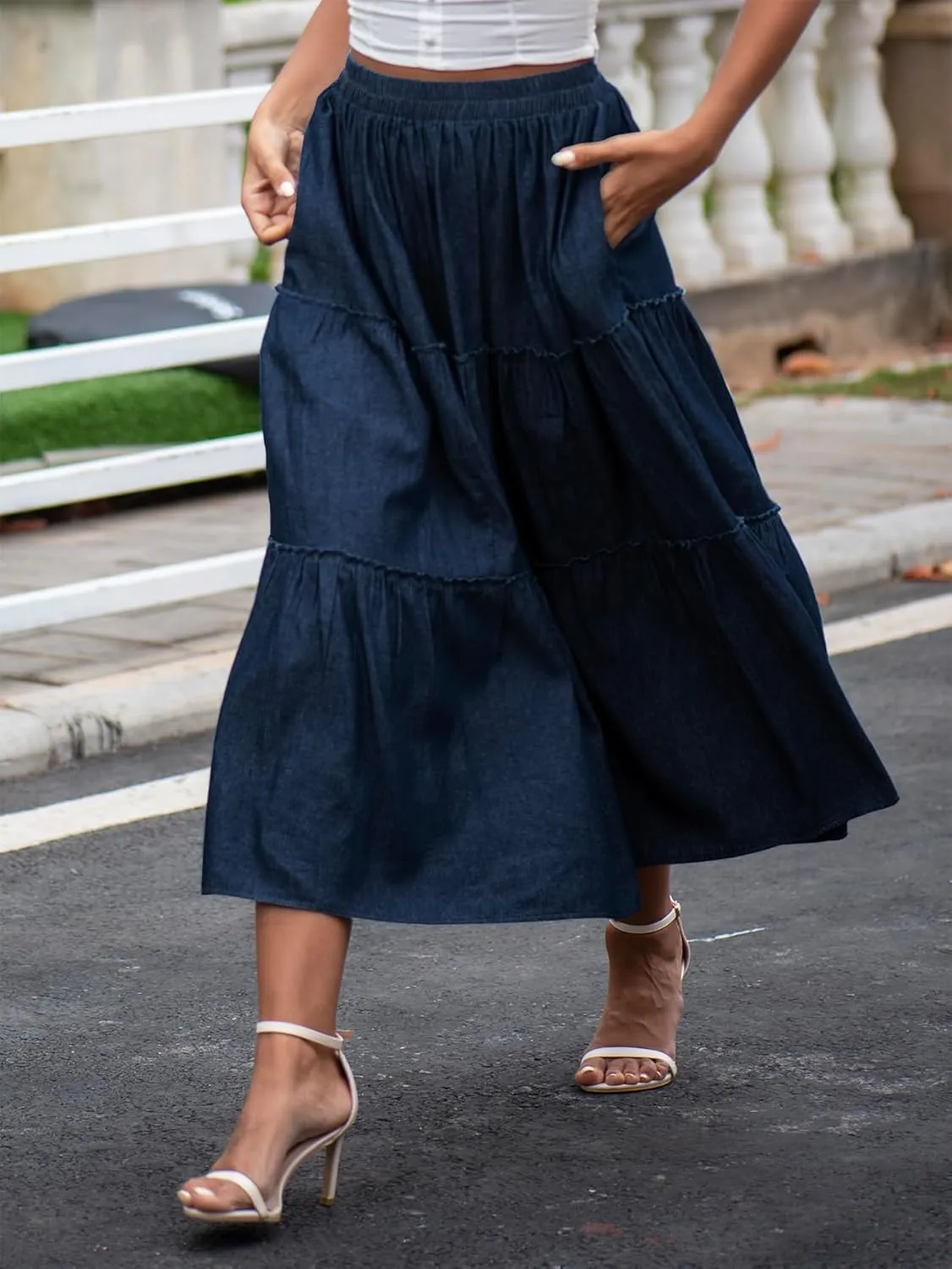 DREFBUFY Women's Mae Pleated Flowy Cxi Skirt Denim Tiered Elastic Waist Rufflasual Long Skirts with Pockets for Summer
