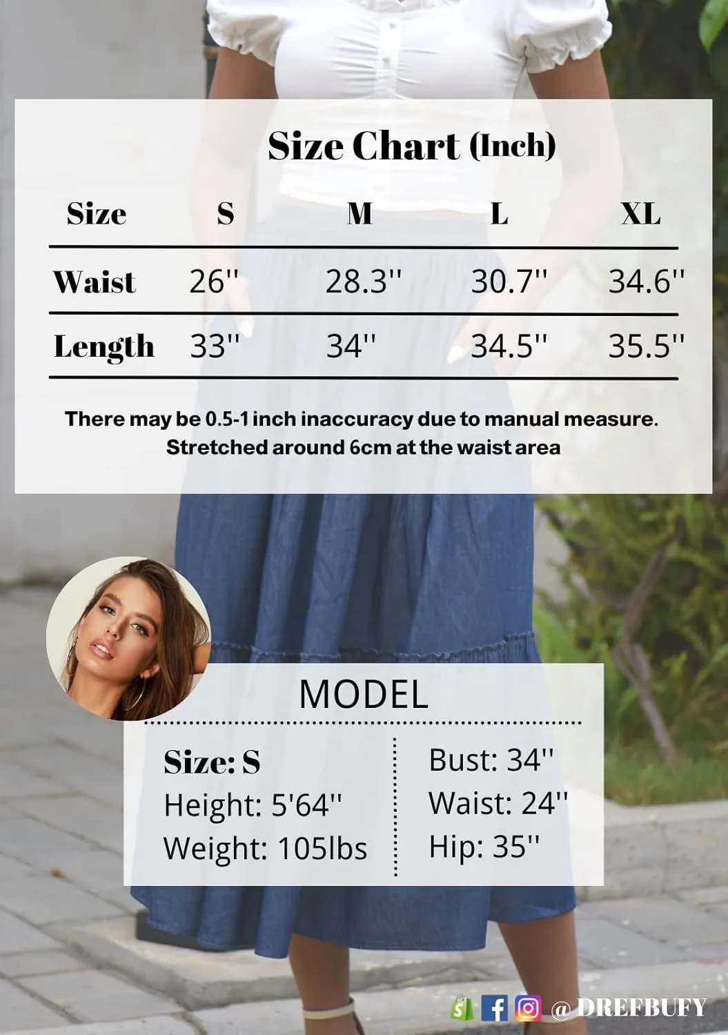 DREFBUFY Women's Mae Pleated Flowy Cxi Skirt Denim Tiered Elastic Waist Rufflasual Long Skirts with Pockets for Summer