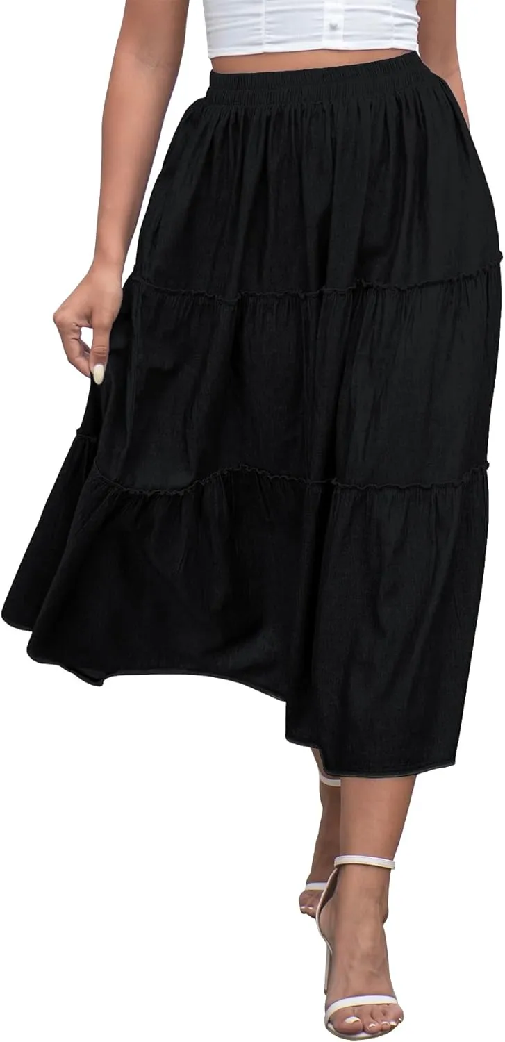 DREFBUFY Women's Mae Pleated Flowy Cxi Skirt Denim Tiered Elastic Waist Rufflasual Long Skirts with Pockets for Summer