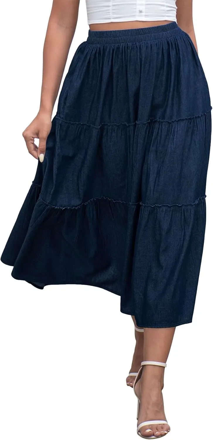 DREFBUFY Women's Mae Pleated Flowy Cxi Skirt Denim Tiered Elastic Waist Rufflasual Long Skirts with Pockets for Summer