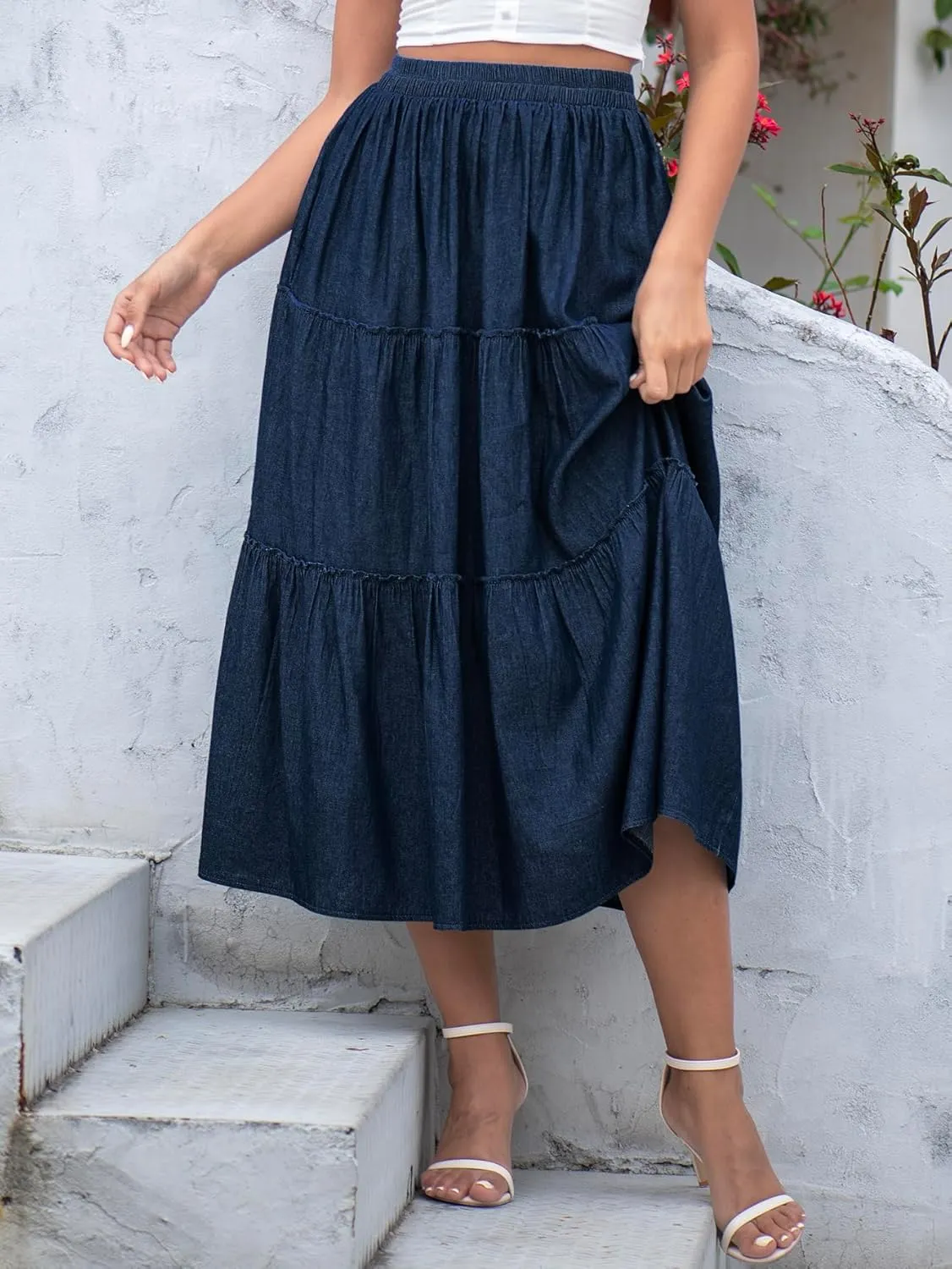 DREFBUFY Women's Mae Pleated Flowy Cxi Skirt Denim Tiered Elastic Waist Rufflasual Long Skirts with Pockets for Summer