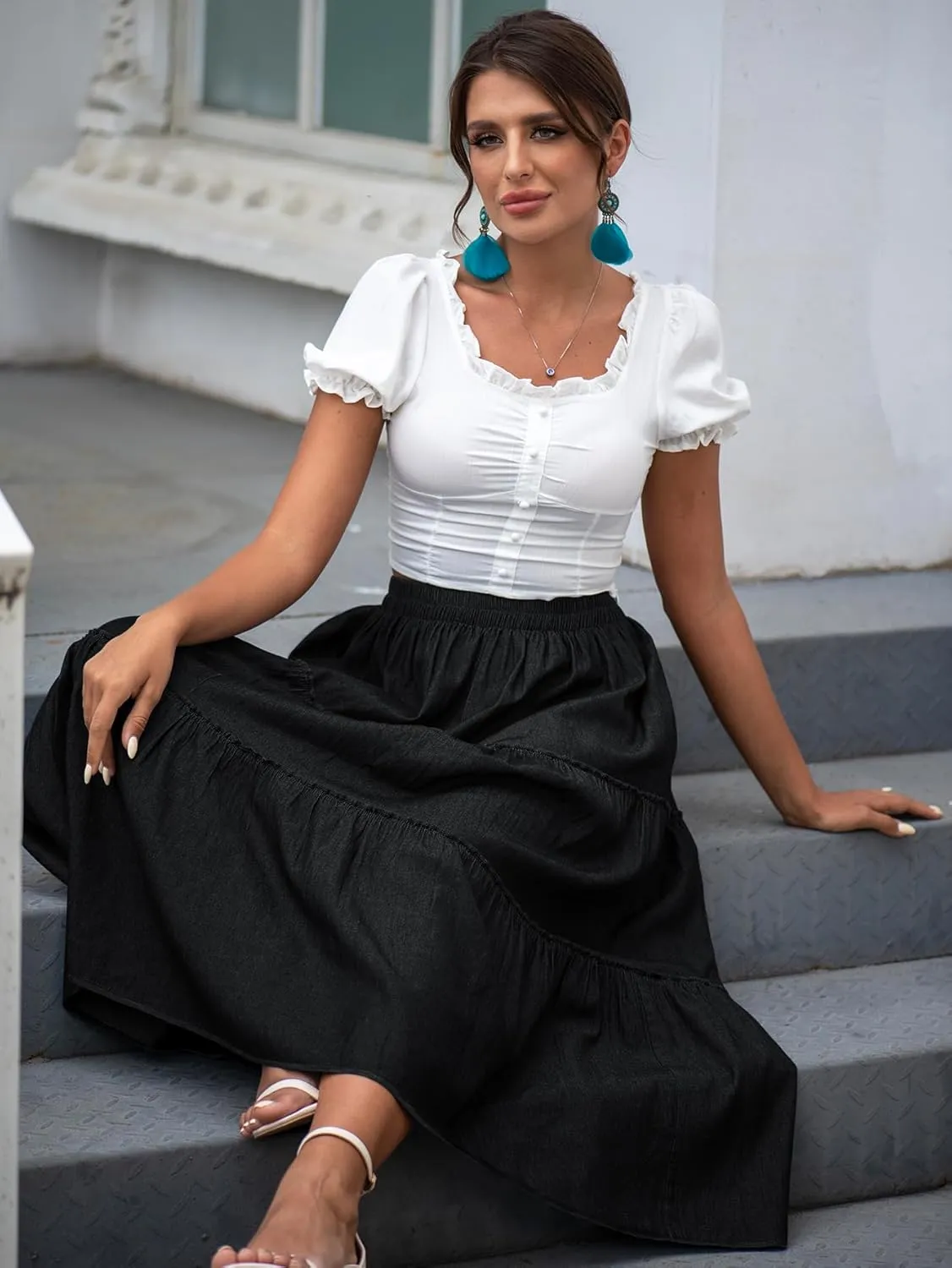 DREFBUFY Women's Mae Pleated Flowy Cxi Skirt Denim Tiered Elastic Waist Rufflasual Long Skirts with Pockets for Summer
