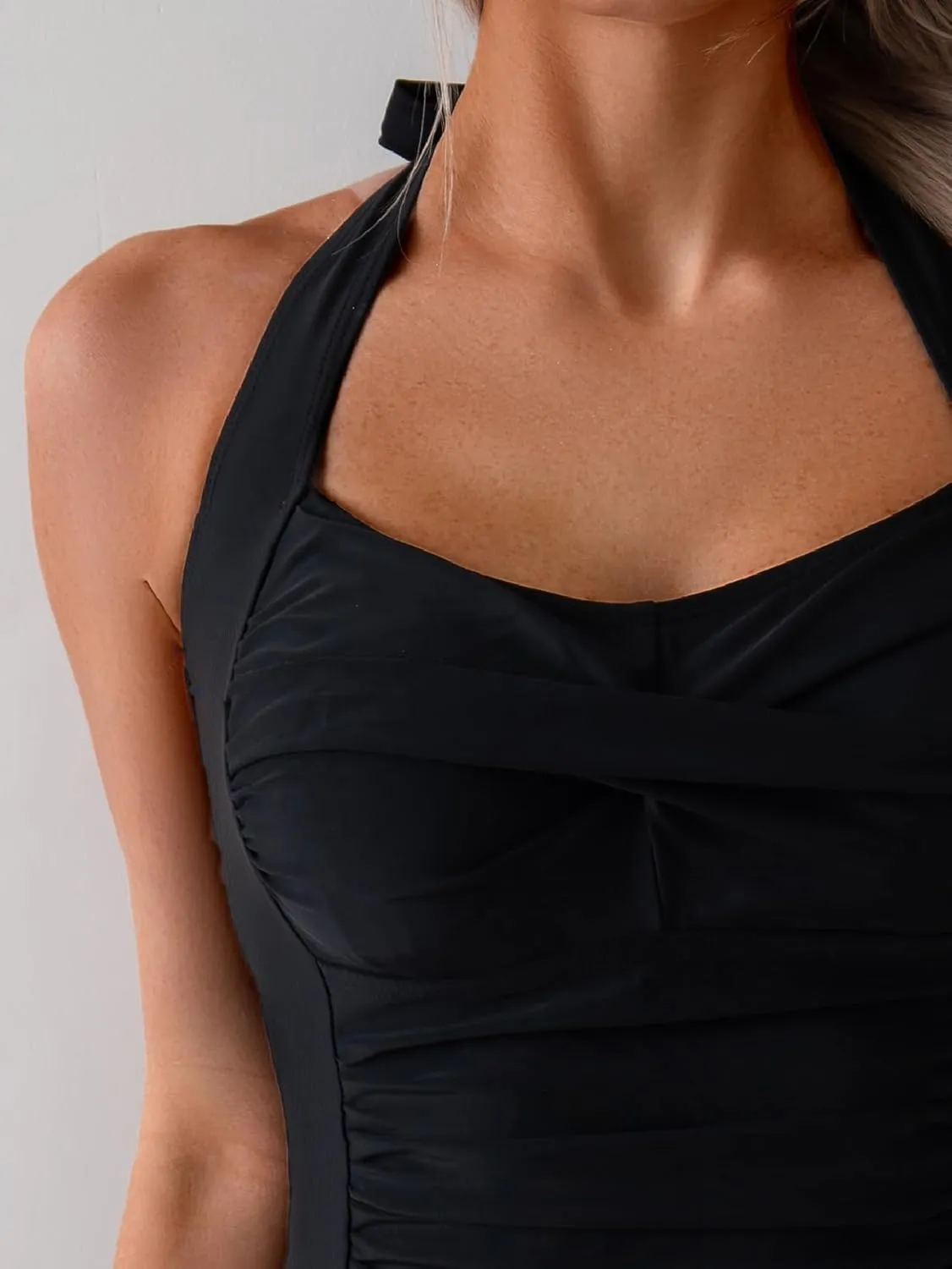 Eomenie Womens Halter Tankini Bathing Suit Ruched Tummy Control Two Piece Swimsuit with Bottom