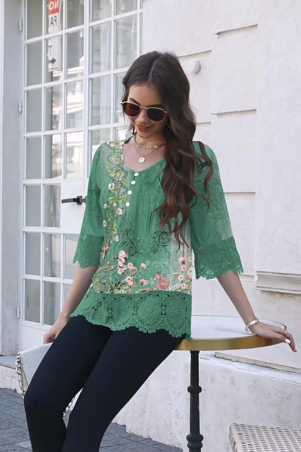 ETCYY Womens Tops Dressy Casual Summer Tops 3/4 Length Sleeve Shirts Spring 2025 Fashion Pleated Tunic Boho Floral Blouses