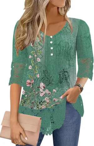 ETCYY Womens Tops Dressy Casual Summer Tops 3/4 Length Sleeve Shirts Spring 2025 Fashion Pleated Tunic Boho Floral Blouses