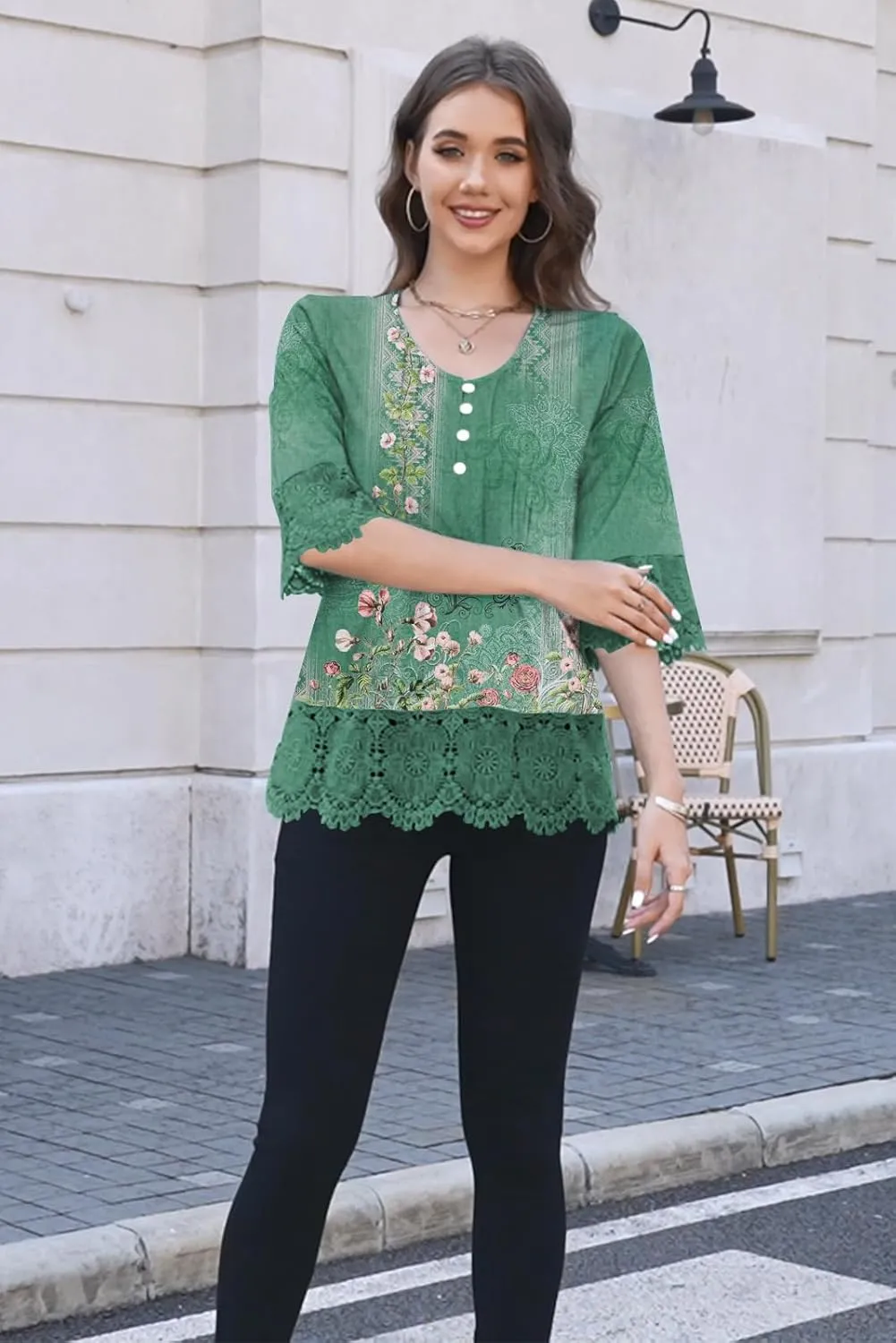 ETCYY Womens Tops Dressy Casual Summer Tops 3/4 Length Sleeve Shirts Spring 2025 Fashion Pleated Tunic Boho Floral Blouses