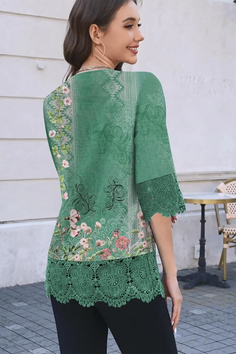 ETCYY Womens Tops Dressy Casual Summer Tops 3/4 Length Sleeve Shirts Spring 2025 Fashion Pleated Tunic Boho Floral Blouses