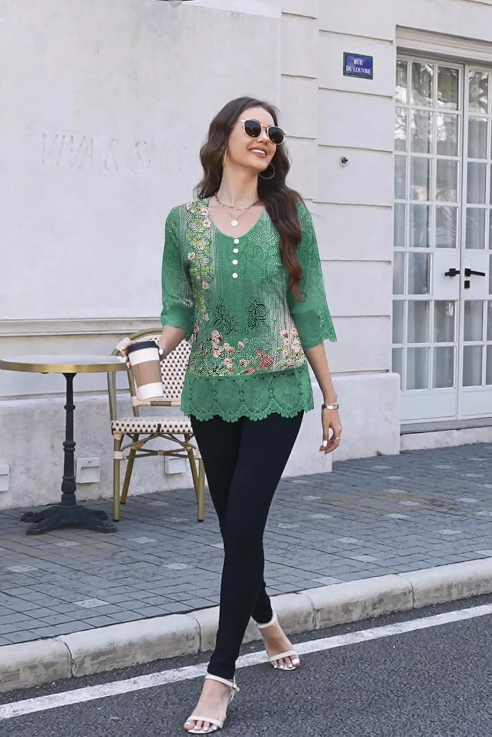 ETCYY Womens Tops Dressy Casual Summer Tops 3/4 Length Sleeve Shirts Spring 2025 Fashion Pleated Tunic Boho Floral Blouses