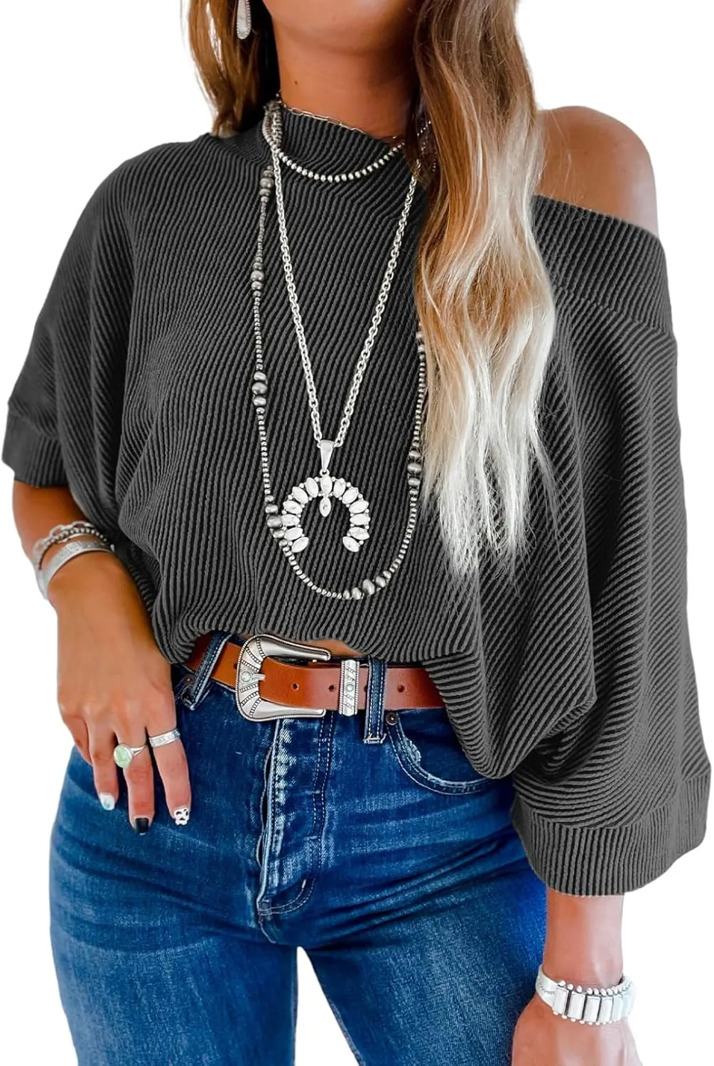 EVALESS Sexy Off The Shoulder Tops for Women 3/4 Length Sleeve Womens Tops Spring Summer 2025 Boat Neck One Shoulder Shirts
