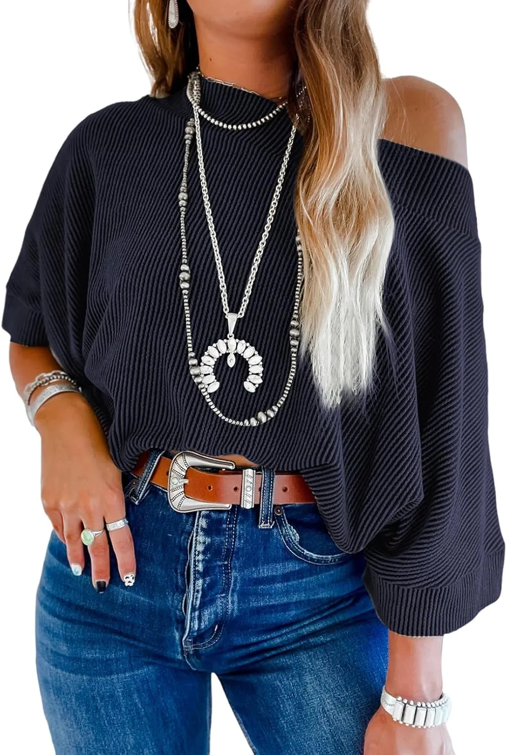 EVALESS Sexy Off The Shoulder Tops for Women 3/4 Length Sleeve Womens Tops Spring Summer 2025 Boat Neck One Shoulder Shirts