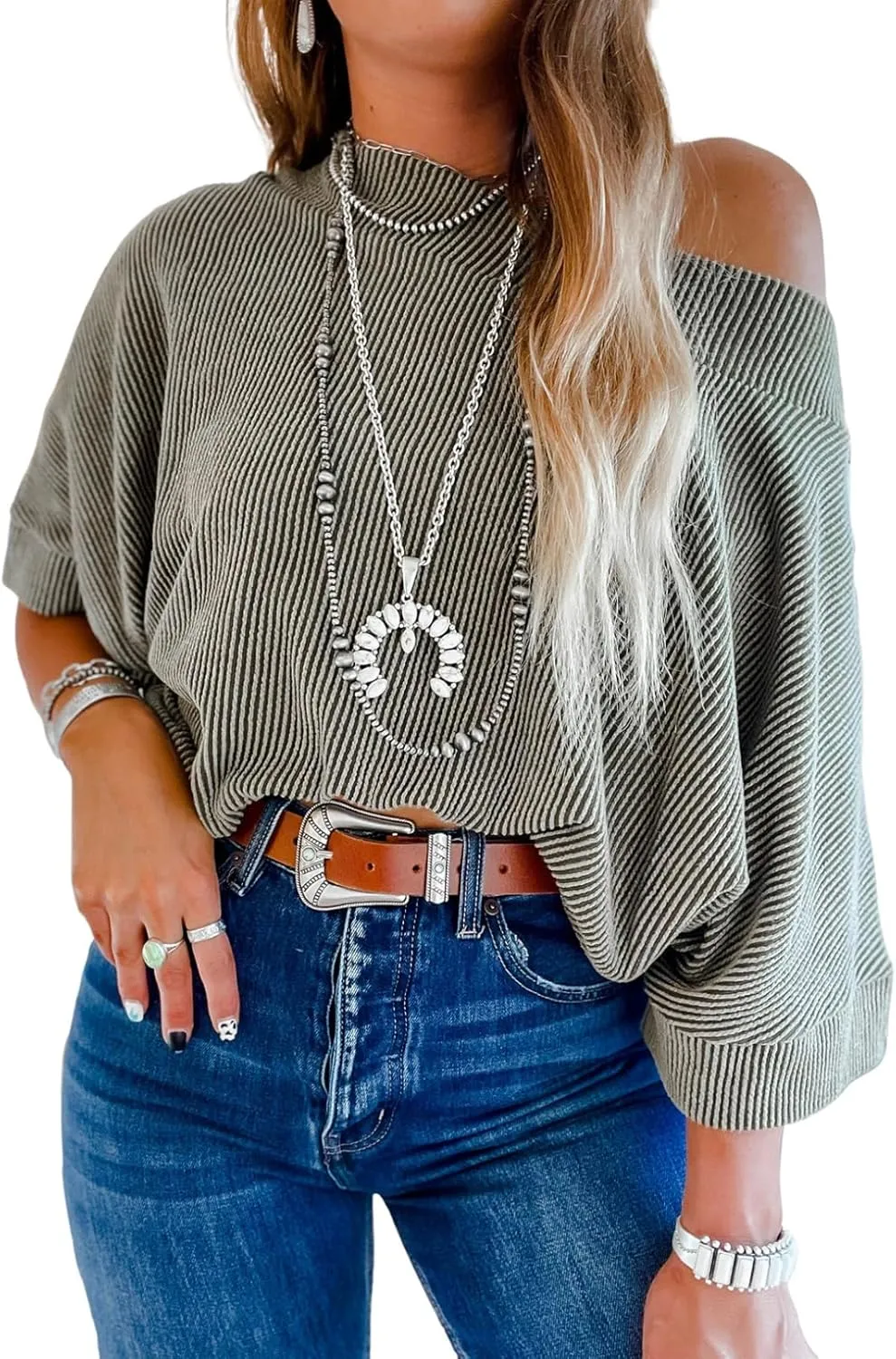 EVALESS Sexy Off The Shoulder Tops for Women 3/4 Length Sleeve Womens Tops Spring Summer 2025 Boat Neck One Shoulder Shirts