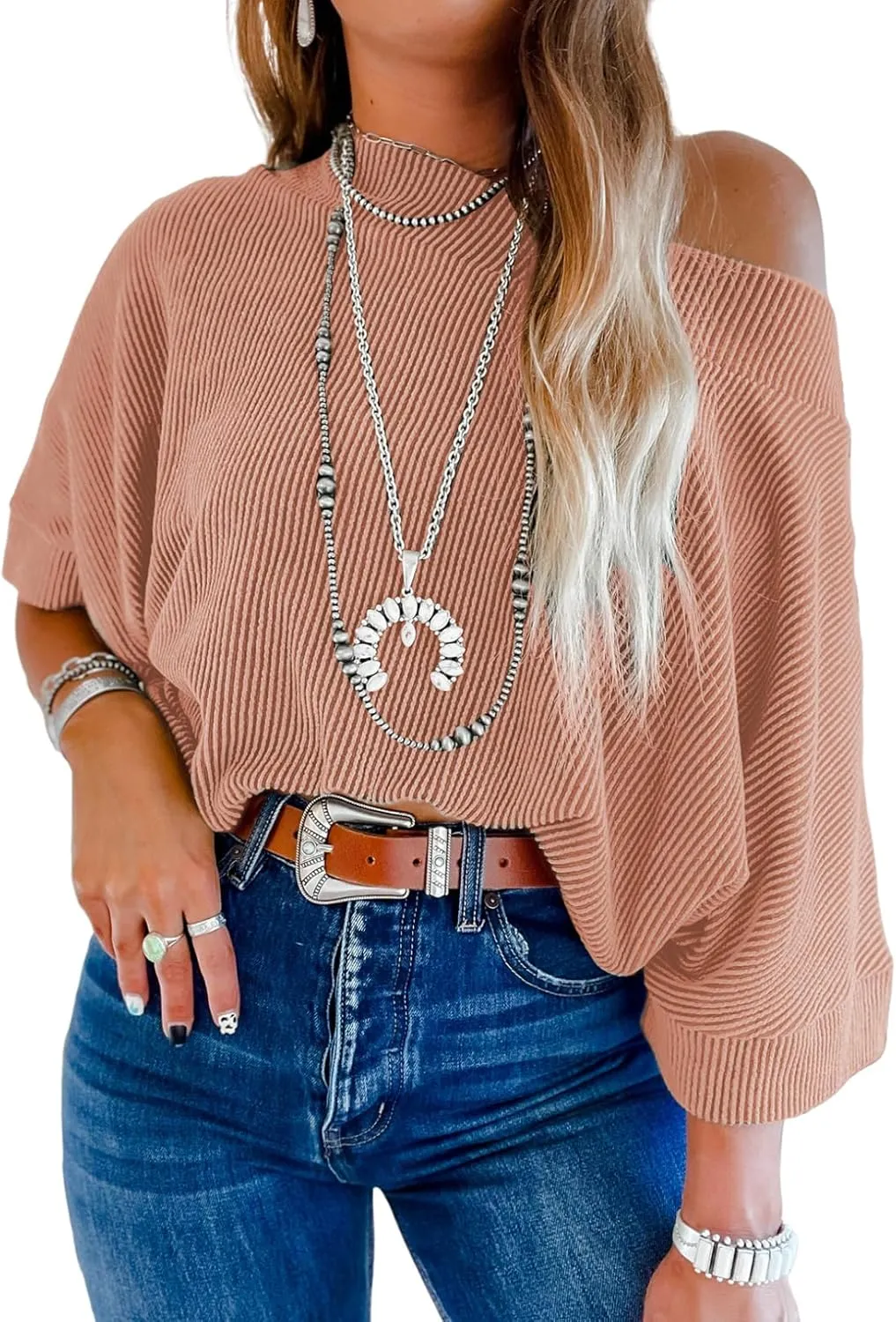 EVALESS Sexy Off The Shoulder Tops for Women 3/4 Length Sleeve Womens Tops Spring Summer 2025 Boat Neck One Shoulder Shirts