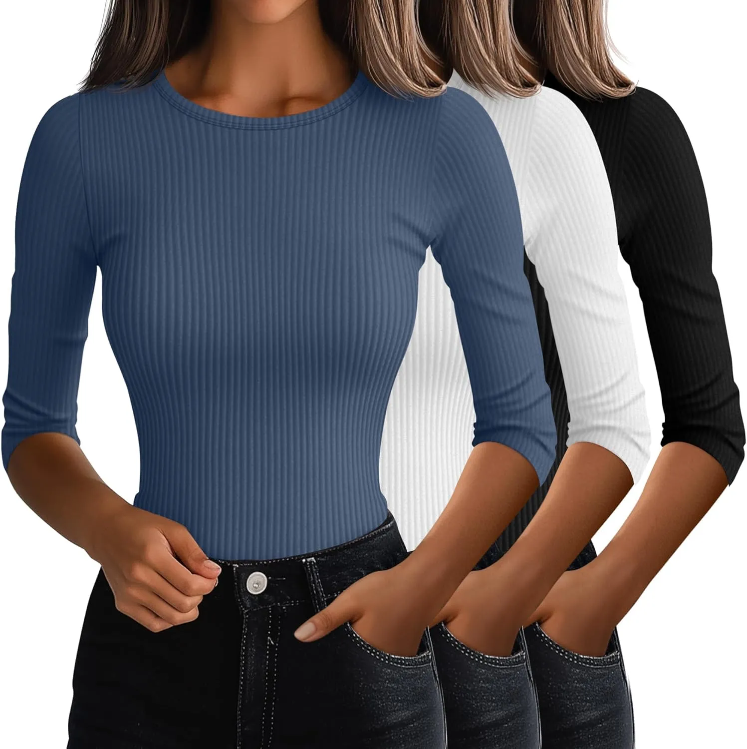 Ficerd 3 Pack 3/4 Sleeve Tops for Women, Cotton Knit Ribbed T Shirts Basic Slim Fit Stretch Tees Casual Crew Neck Shirts(Black, White, Haze Blue,Small)