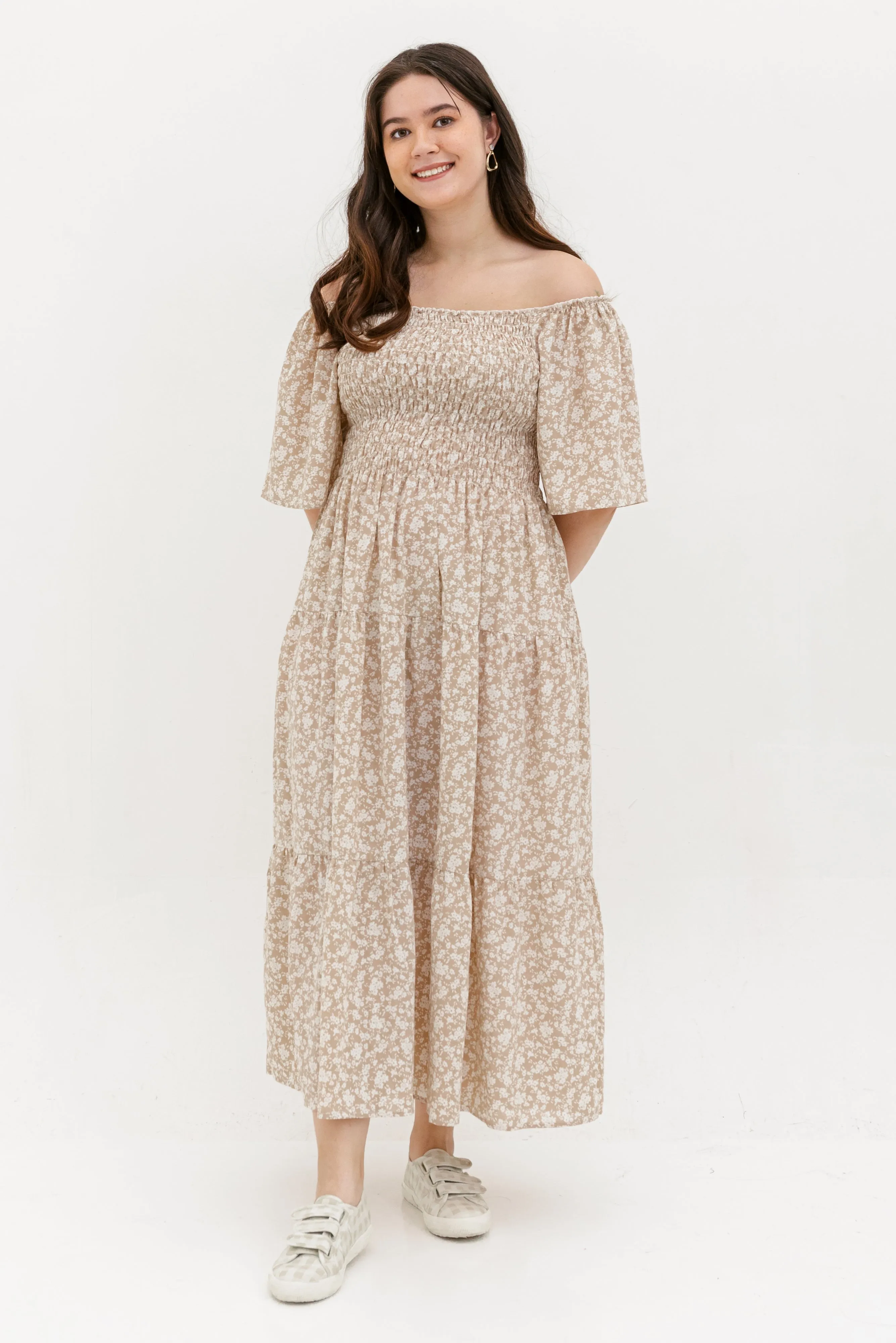 Flora Smocked Maxi Dress In Beige