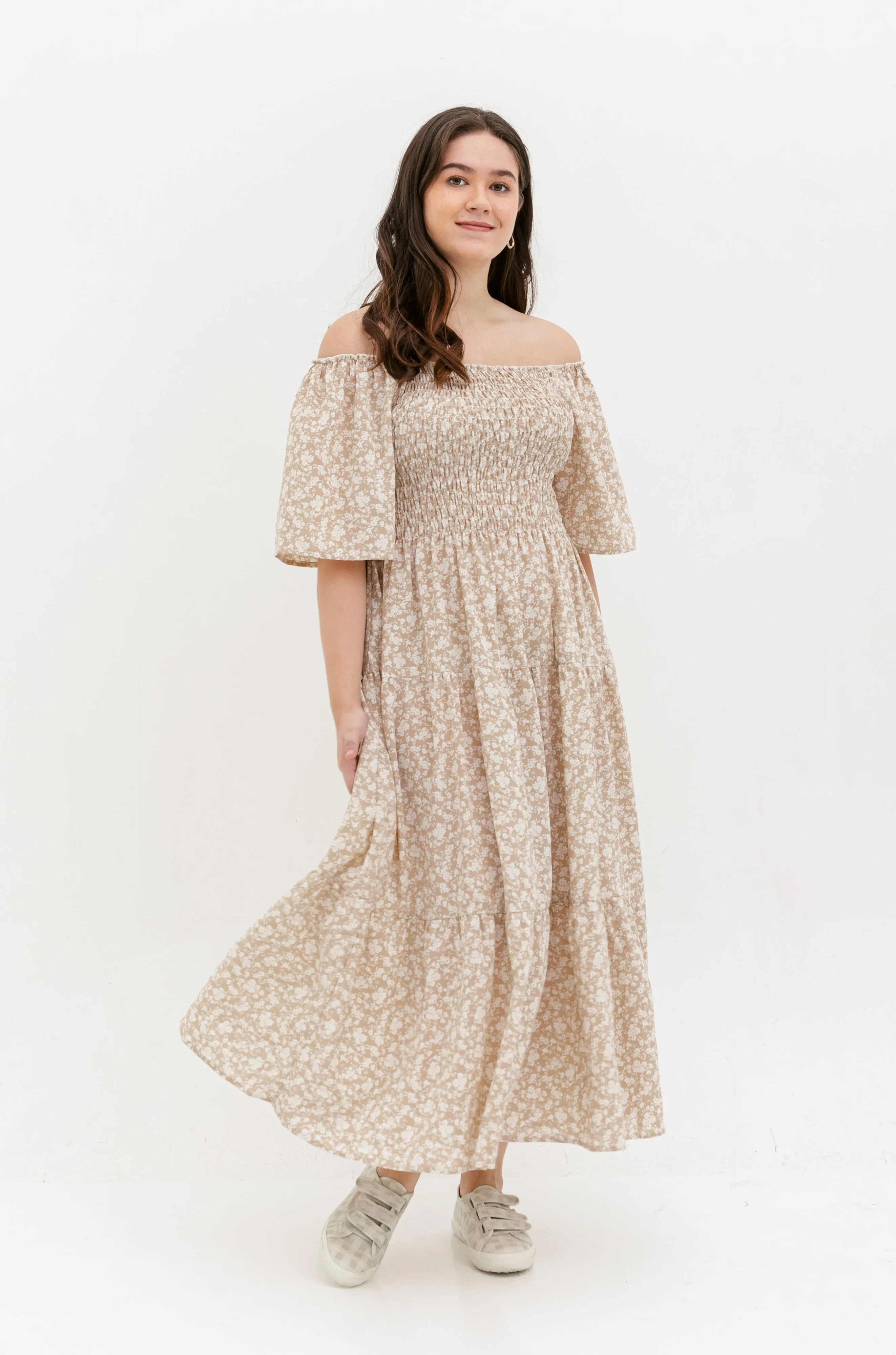 Flora Smocked Maxi Dress In Beige