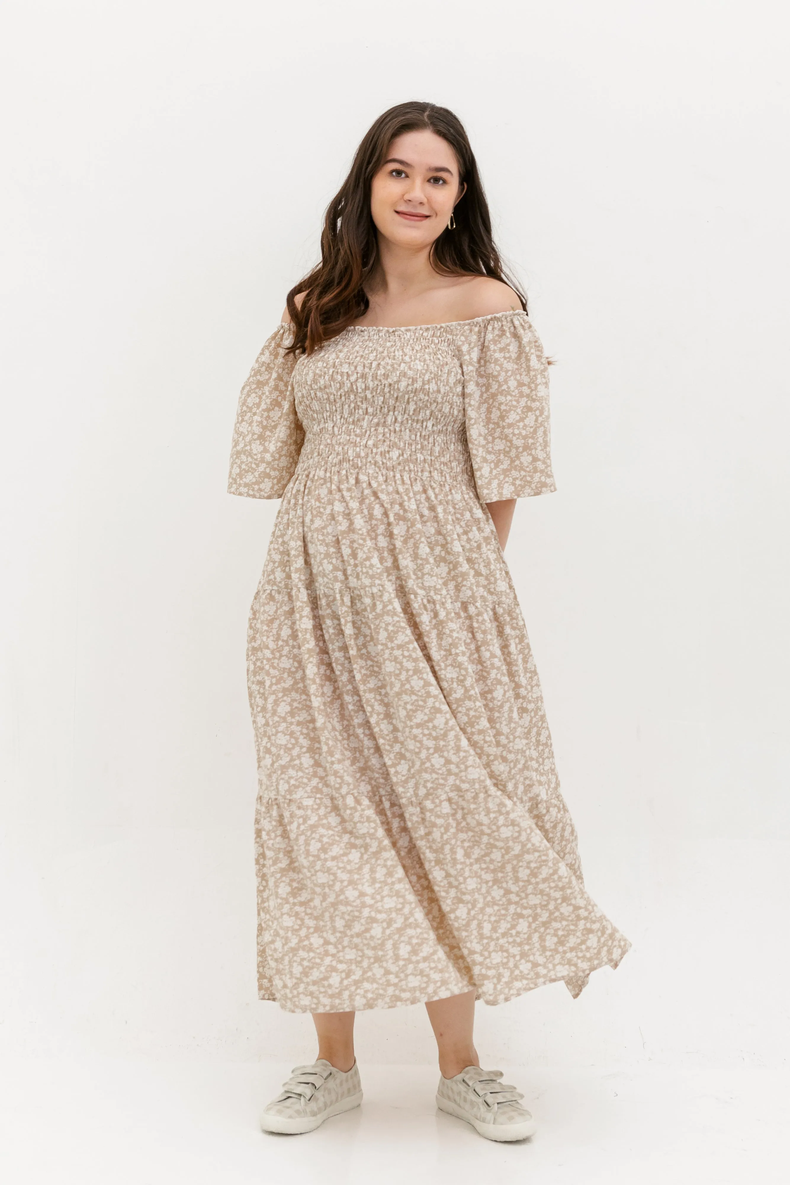 Flora Smocked Maxi Dress In Beige