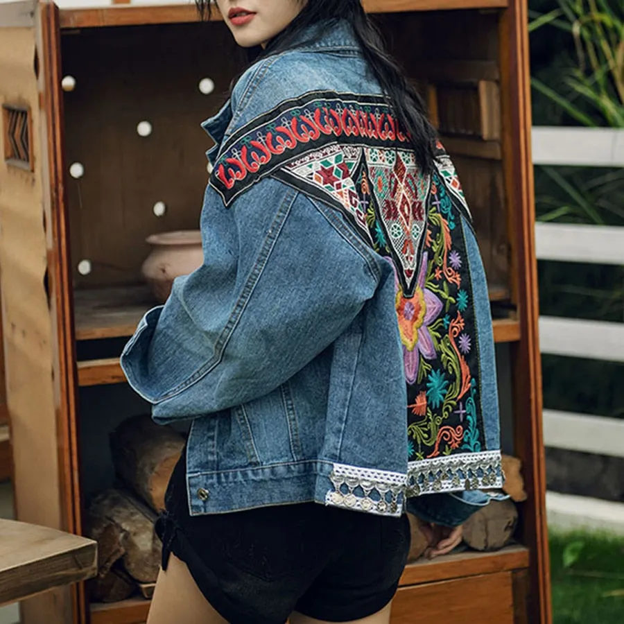 Floral Embroidery Appliques Long Sleeve Denim jacket