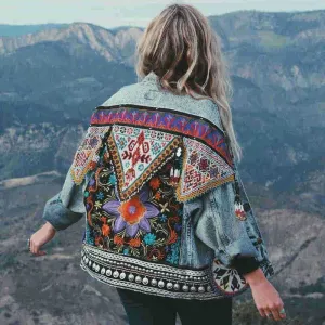 Floral Embroidery Appliques Long Sleeve Denim jacket
