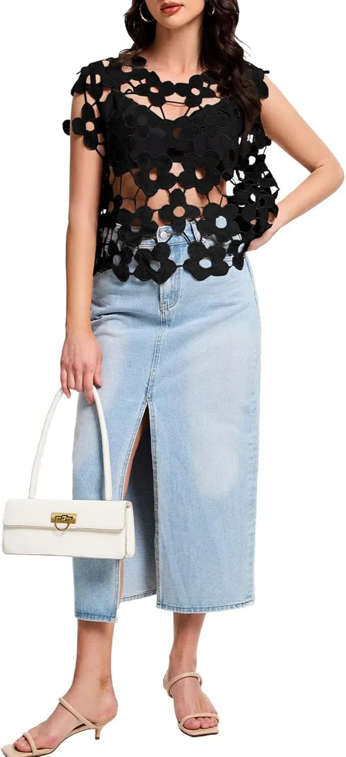 Flygo Hollow Out Floral Lace Crop Top for Women 2025 Trendy Sleeveless Crochet Vest Cover up Y2K Going Out Tops