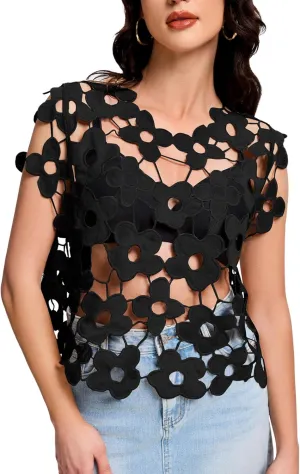 Flygo Hollow Out Floral Lace Crop Top for Women 2025 Trendy Sleeveless Crochet Vest Cover up Y2K Going Out Tops