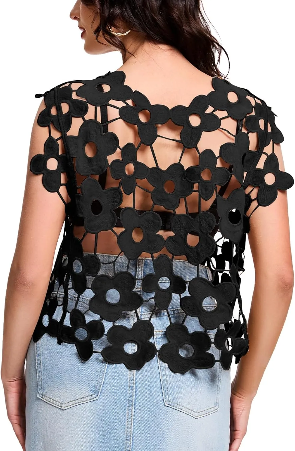 Flygo Hollow Out Floral Lace Crop Top for Women 2025 Trendy Sleeveless Crochet Vest Cover up Y2K Going Out Tops