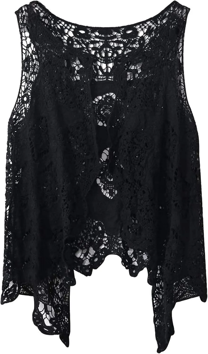 Flygo Women's Open Front Cotton Crochet Lace Boho Hippie Butterfly Vest Cardigan Coverup Sleeveless Irregular Hem