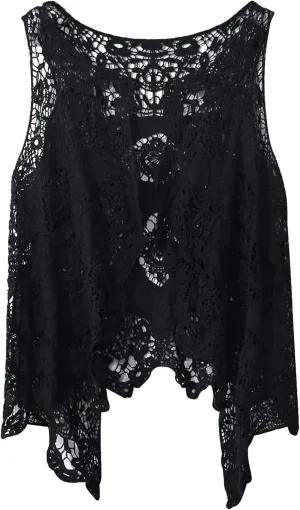 Flygo Women's Open Front Cotton Crochet Lace Boho Hippie Butterfly Vest Cardigan Coverup Sleeveless Irregular Hem