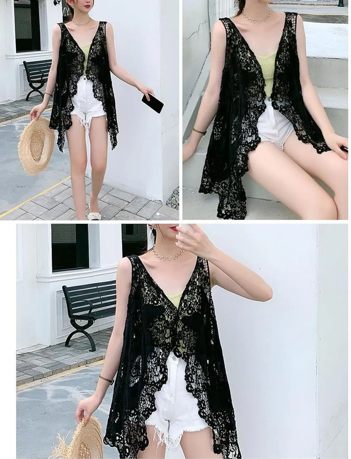 Flygo Women's Open Front Cotton Crochet Lace Boho Hippie Butterfly Vest Cardigan Coverup Sleeveless Irregular Hem