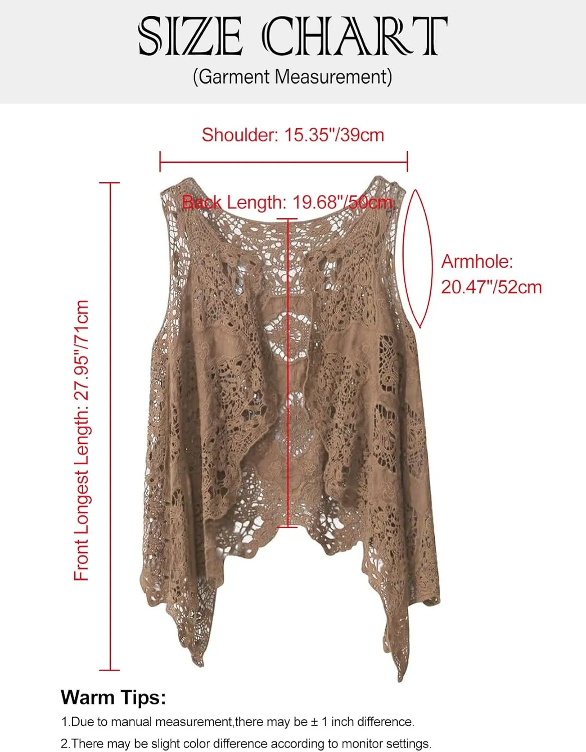 Flygo Women's Open Front Cotton Crochet Lace Boho Hippie Butterfly Vest Cardigan Coverup Sleeveless Irregular Hem