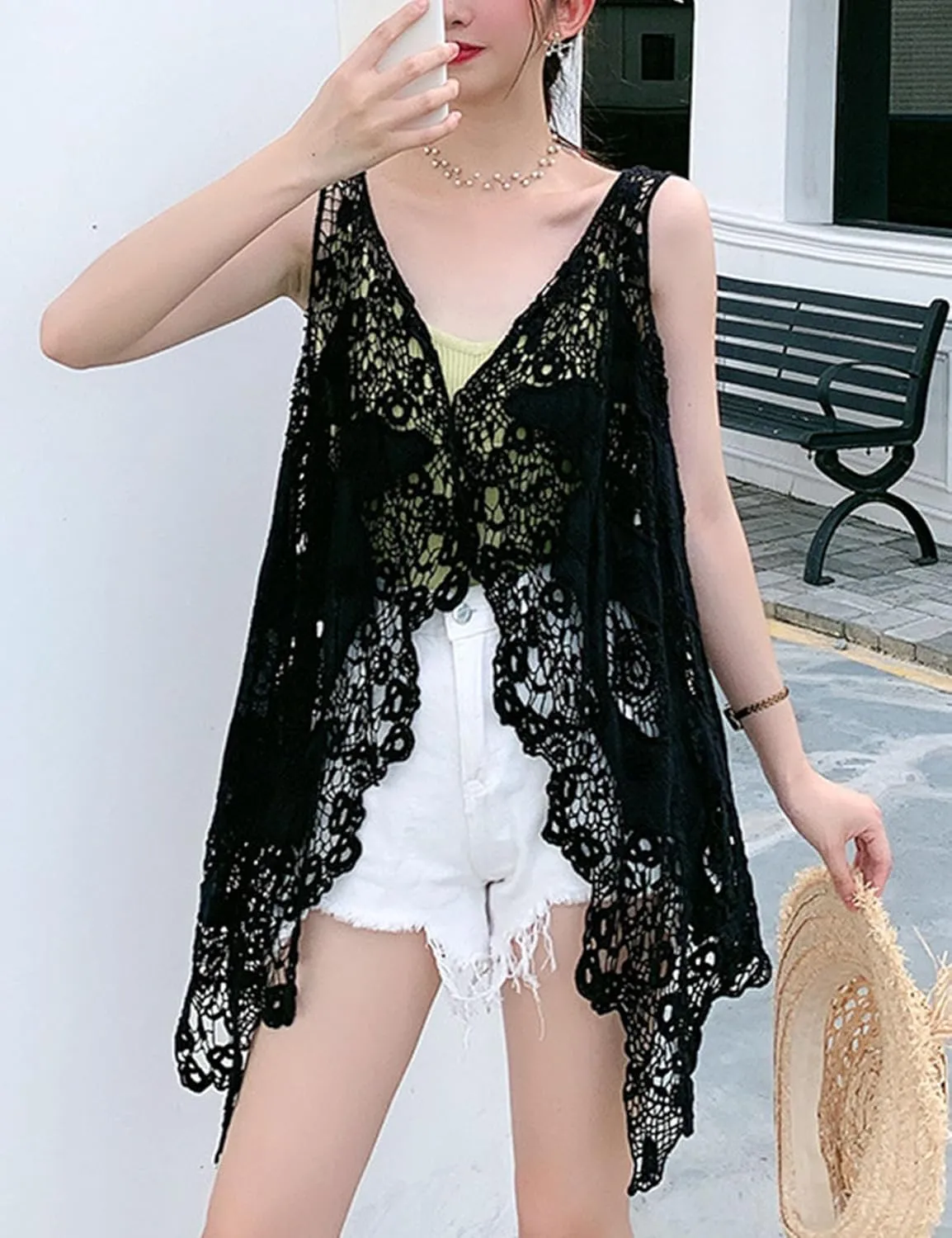 Flygo Women's Open Front Cotton Crochet Lace Boho Hippie Butterfly Vest Cardigan Coverup Sleeveless Irregular Hem