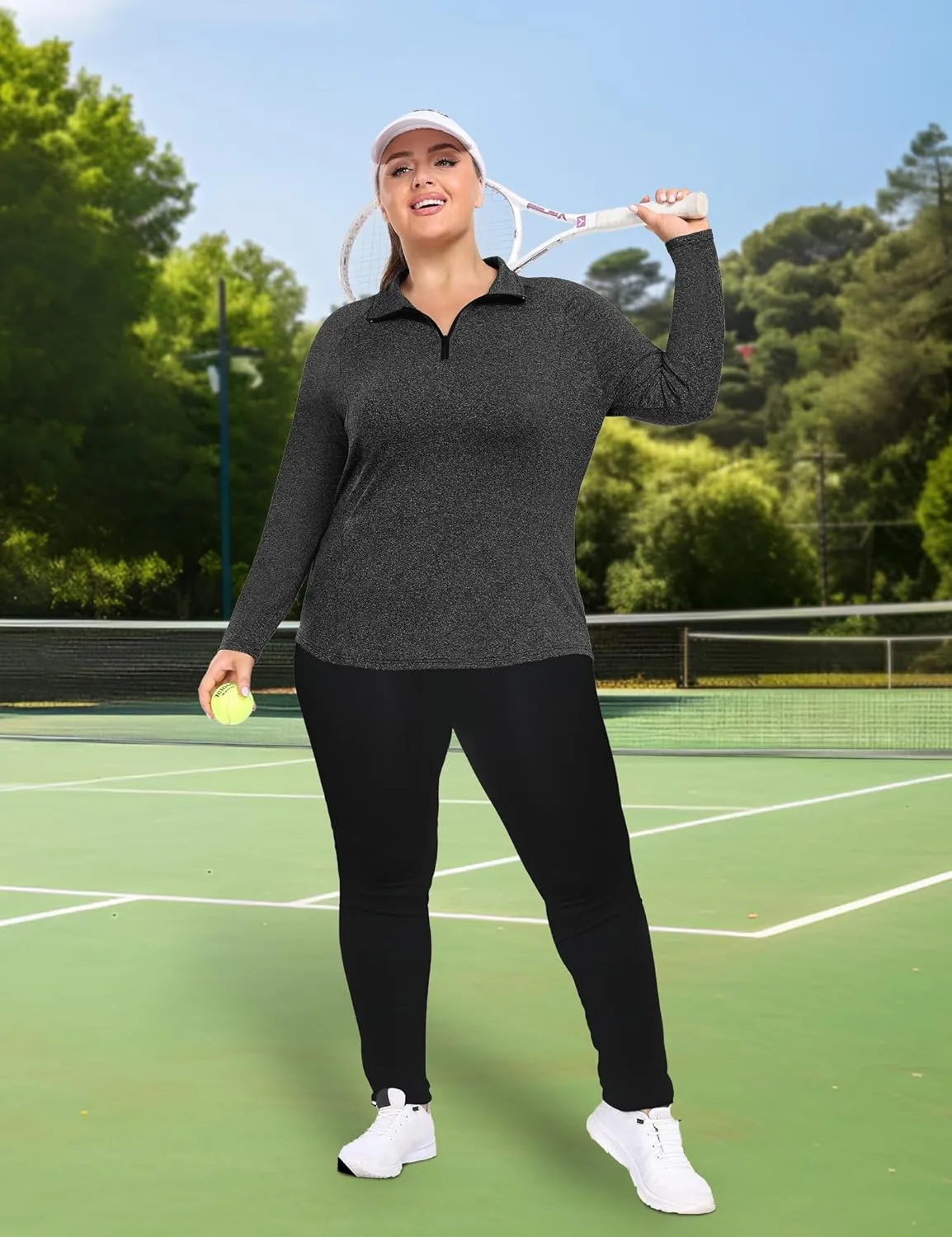 FOREYOND Womens Plus Size Workout Tops Long Sleeve Quarter Zip Pullover Althetic Shirts Moisture Wicking Hiking Clothes