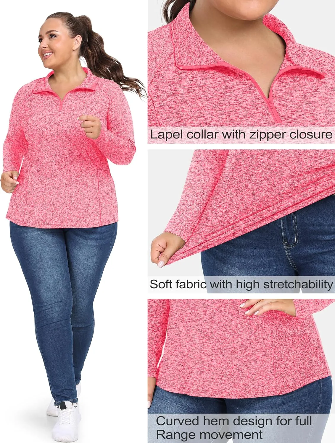 FOREYOND Womens Plus Size Workout Tops Long Sleeve Quarter Zip Pullover Althetic Shirts Moisture Wicking Hiking Clothes