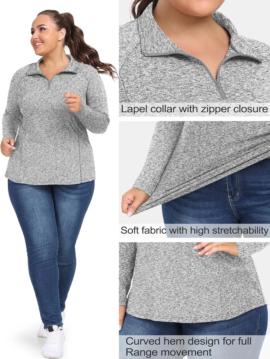 FOREYOND Womens Plus Size Workout Tops Long Sleeve Quarter Zip Pullover Althetic Shirts Moisture Wicking Hiking Clothes