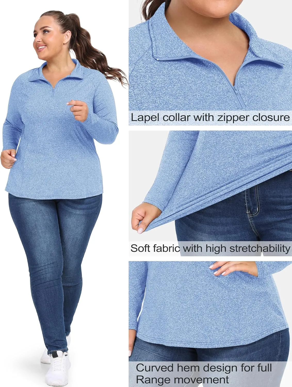 FOREYOND Womens Plus Size Workout Tops Long Sleeve Quarter Zip Pullover Althetic Shirts Moisture Wicking Hiking Clothes