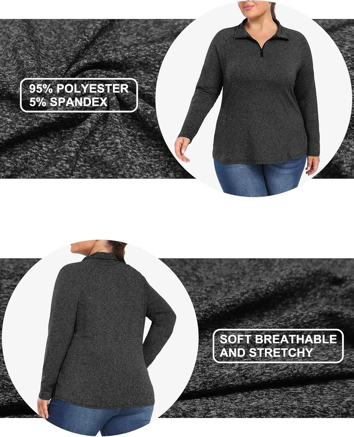FOREYOND Womens Plus Size Workout Tops Long Sleeve Quarter Zip Pullover Althetic Shirts Moisture Wicking Hiking Clothes